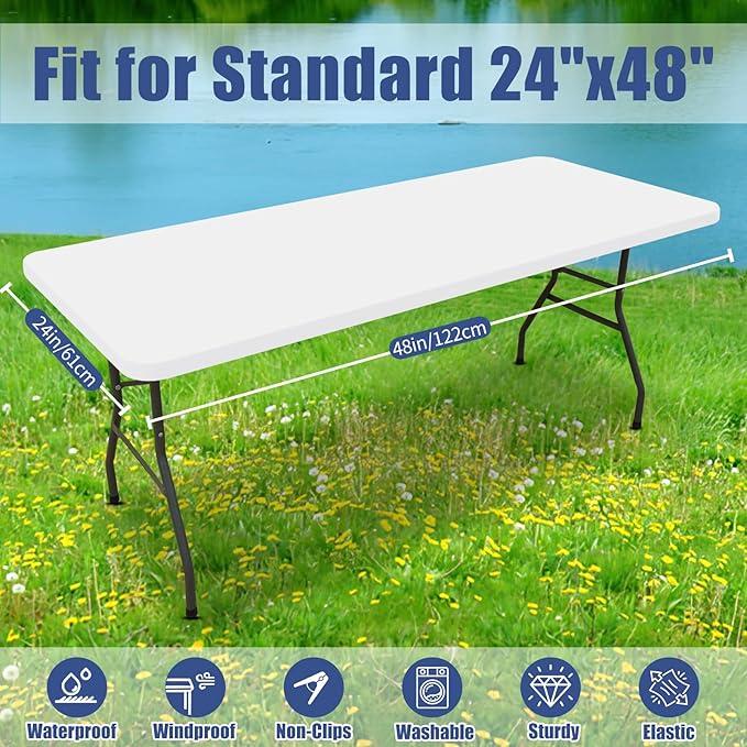 Moosfor Spandex 4 Foot Rectangle Table Cloth 2 Pack, Elastic Fitted Tablecloths for Picnic, Stretch Washable Patio Table Cover for Outdoor, Camping, Banquet and Parties (White, 24"x48")