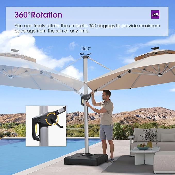 PURPLE LEAF Cantilever Umbrella with Base 13ft Outdoor Round Patio Solar Powered LED Umbrella with 360-degree Rotation for Garden Deck Pool Patio, Beige