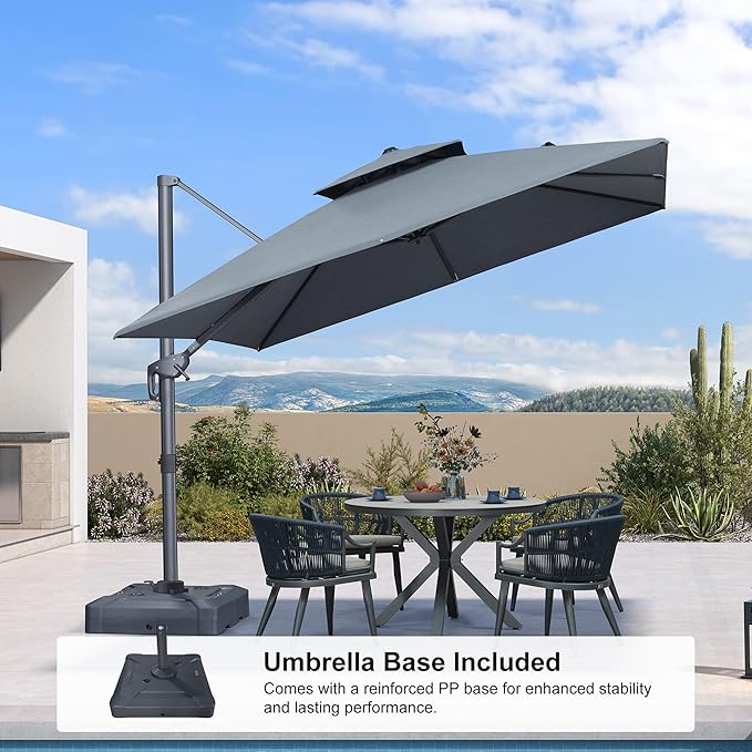 PURPLE LEAF 10 FT Cantilever Patio Umbrella Outdoor Umbrella with 220lbs Base Large Square Windproof Offset Umbrella for Pool Deck Garden, Mist Grey