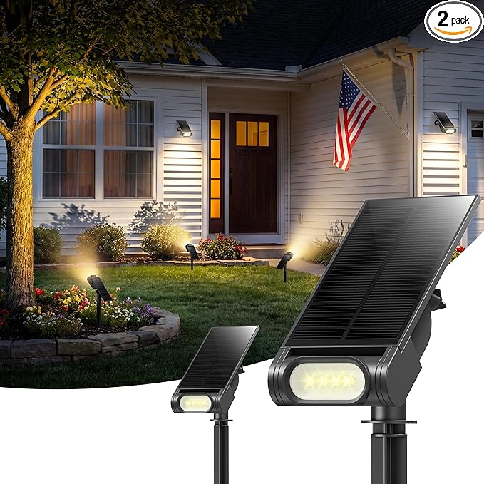 EZVALO Solar Spot Lights Outdoor IP67 Waterproof, Adjustable Solar Landscape Lights, 3 Lighting Modes Solar Spotlights for Outside Yard Garden Plant Trees Pathway Flag (Warm White-2Pack)