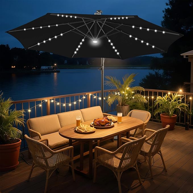 FLAME&SHADE 10ft Solar Cantilever Umbrella with 40 LED Lights, Lighted Large Offset Outdoor Patio Umbrellas, 8 Sturdy Ribs, UPF50+ UV Protection for Pool Deck Garden Yard, Black