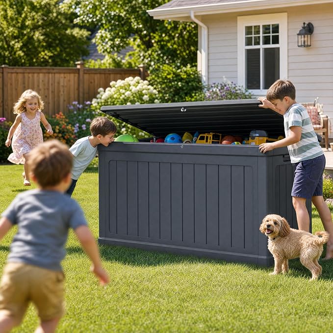 270 Gallon Deck Box, Lockable Waterproof Storage Box, Outdoor Storage Bin for Package Delivery, Patio Cushions, Gardening Tools，Pool Accessories and Sports Equipment (Black,270 Gallon)