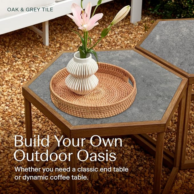 Honeycomb Indoor/Outdoor Omni Table: Weather, Rust, Heat, and Stain Resistant, Flexible Design to Stand Alone or be Combined, Stylish Yet Sturdy, Grey Tile Top, Steel Frame with Oak Finish
