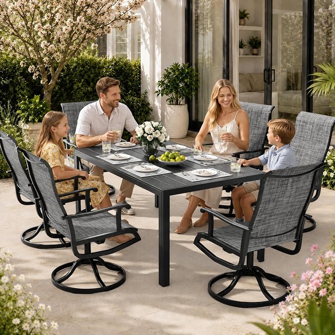 Pamapic 7-Piece Outdoor Dining Set, All Weather Patio Table and Chairs Set with Umbrella Hole, Wood-Like Table and 6 360° Swivel Textilene Chairs for Backyard, Poolside, Deck, Porch, Grey
