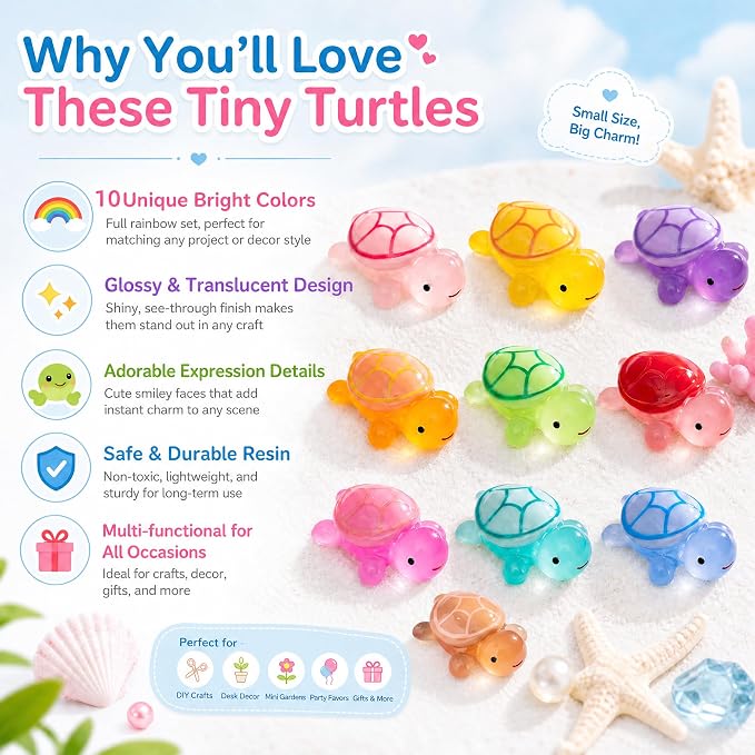 50 Pcs Small Glow in The Dark 3D Resin Turtles Miniatures | Garden Figurines, DIY Dollhouse Fish Tank Fridge Wall Art Accessories, Safe Durable Non Fading, 10 Colors
