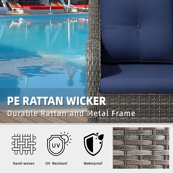 5 Pcs Patio Furniture Set with Fire Table-31'' Fire Pit Table, 4 Outdoor Rattan Wicker Conversation Chairs (4 Fixed Chairs) (Blue)