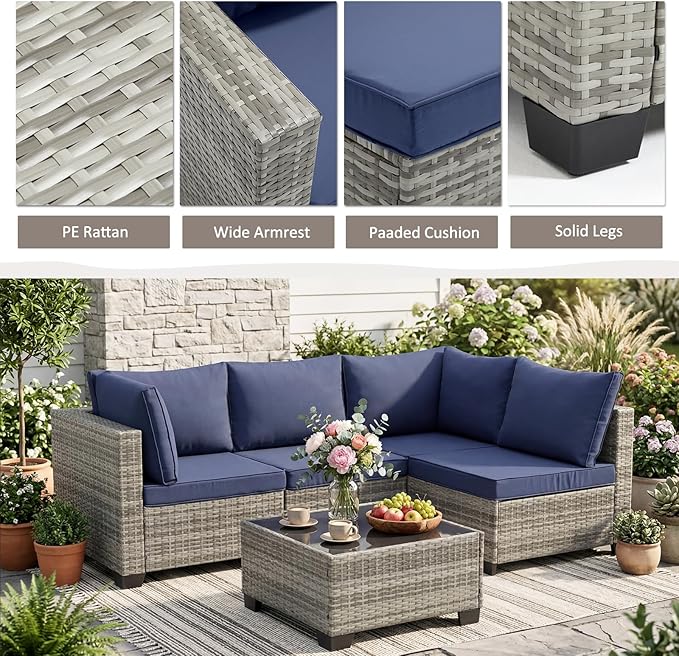 ANJ 5 Piece Outdoor Wicker Patio Furniture Set, Modular Loveseat Sofa with with Glass Top Coffee Table, All-Weather Rattan Conversation Couch Set for Balcony, Backyard, Light Grey Wicker-Blue