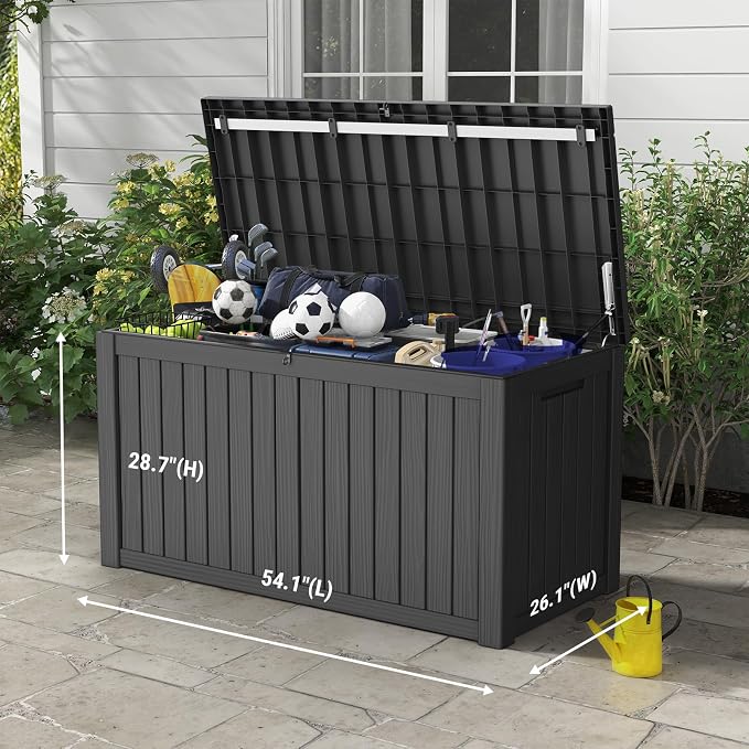 Mars Villa 150 Gallon Outdoor Storage Box, Large Resin Deck Box Waterproof, for Pool Supply Storage, Outdoor Patio Furniture Cushion, with Hydraulic Hinge, UV-Resistant and Weatherproof, Black