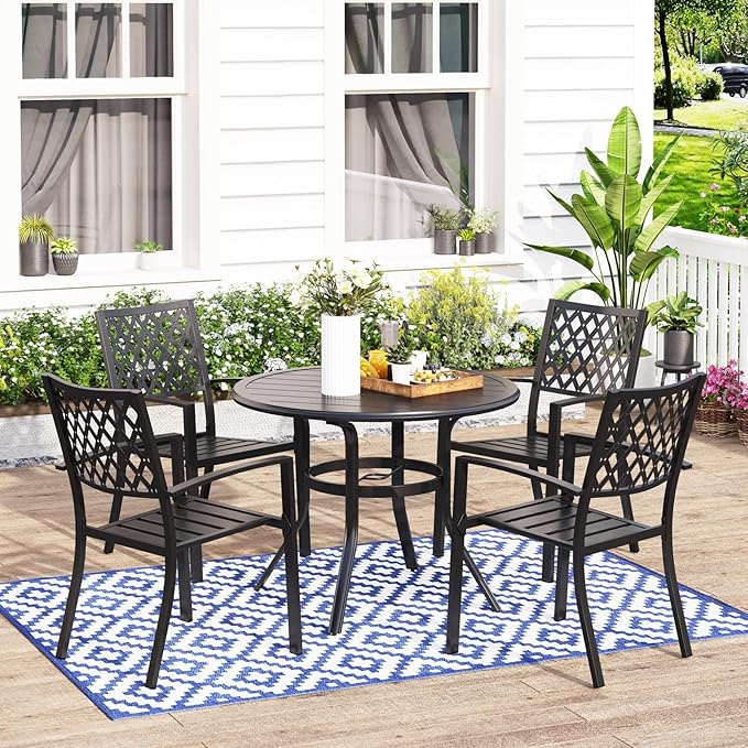 MFSTUDIO Outdoor Dining Set for 4, Round Patio Table and Chairs Set, Metal Patio Furniture Set for Deck, Backyard, Poolside & Garden