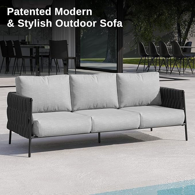 East Oak Patio Furniture Set, 4-Piece Outdoor Patio Set with Sofa, Removable & Washable Deep Seating Cushion, Tempered Glass Table, Outside Patio Conversation Sets, 25 Upgraded, Light Gray & Black