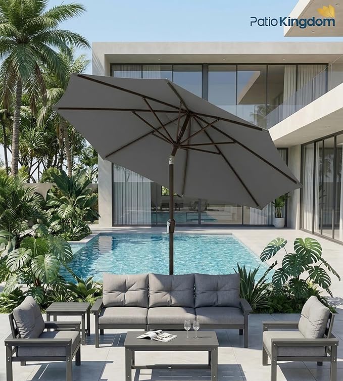 PatioKingdom 9FT Patio Outdoor Umbrella-UPF 50+ Sun Shade with Wind Vent, Push-Button Tilt & Smooth Crank Lift, Rust-Resistant Fiberglass Frame for Garden, Backyard,Yard (Gray)
