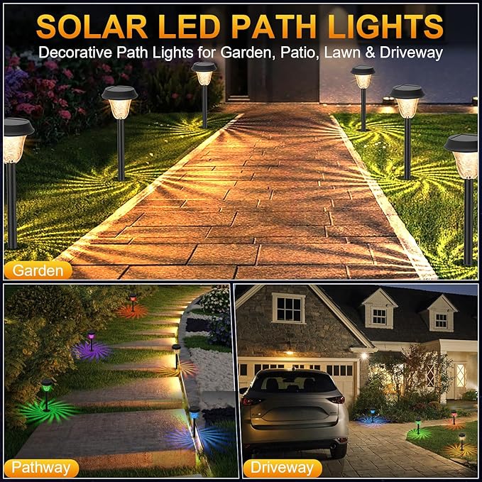 Solar Lights Outdoor Pathway, 6 Pack Waterproof Garden Pathway Lights Solar Powered, Small Outdoor Solar Stake Lights for Yard Driveway Walkway Lawn Decorative, Multicolor/Warm White LED, Auto On/Off