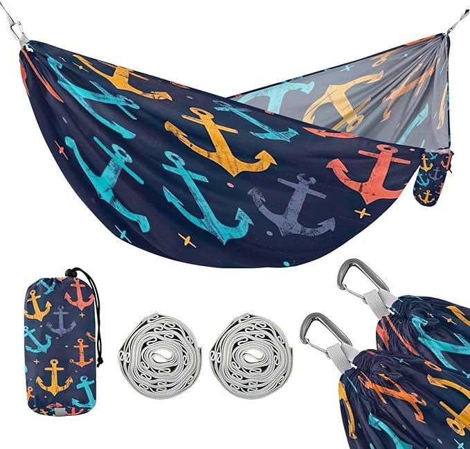 Qilmy Colorful Anchors Camping Hammock Single – 330 lbs Capacity, Lightweight with Tree Straps & Carabiners, Portable for Hiking, Travel, Backpacking