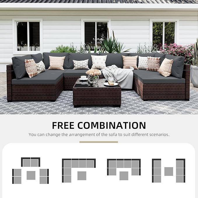 UPHA 7 Pieces Patio Furniture Sets, Wicker Outdoor Sectional Sofa Couch with Coffee Table, Patio Conversation Set for Deck Backyard Garden, Brown Rattan, Dark Gray Cushion