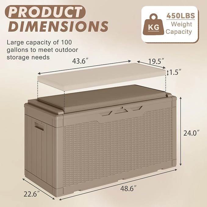Devoko 100 Gallon Deck Box, Waterproof Resin Outdoor Storage Box with Cushion for Outside, Large Outdoor Storage Bench Cabinet Lockable for Patio Furniture and Garden Tools (Brown)