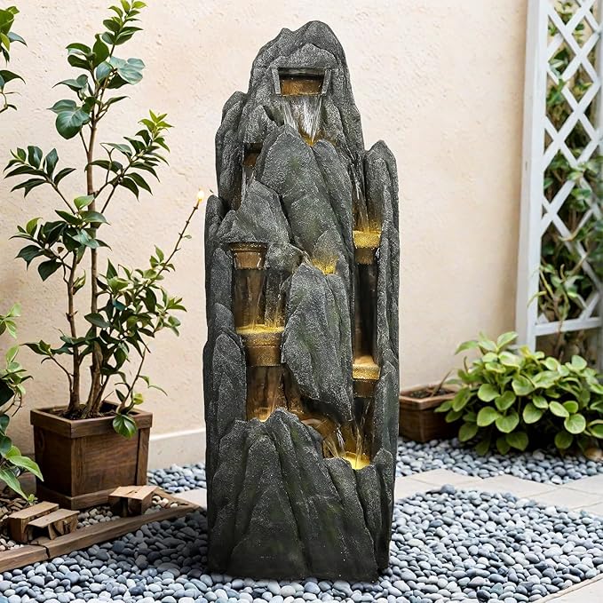 PeterIvan 51" H Cascading LED Outdoor Water Fountain for Garden -Multi-Tiered Rockery Waterfall Fountain with Pump for Patio, Balcony, Deck, Porch, Lawn for a Calming Oasis in Living, Working Space