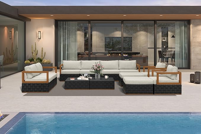 PURPLE LEAF Patio Outdoor Furniture Set 12 Pieces, Premium Leather Outdoor Couch Sectional Sofa, Patio Conversation Sets with Olefin Cushions, Patio Couch for Porch, Balcony, Garden, Black