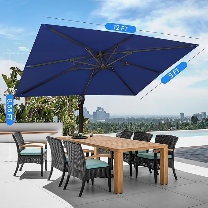 9' X 12' Cantilever Patio Umbrella with Base Included Rectangular Outdoor Large Offset Umbrellas with 7 Tilts Adjustable 360°Rotation for Deck Pool Garden Backyard, Navy