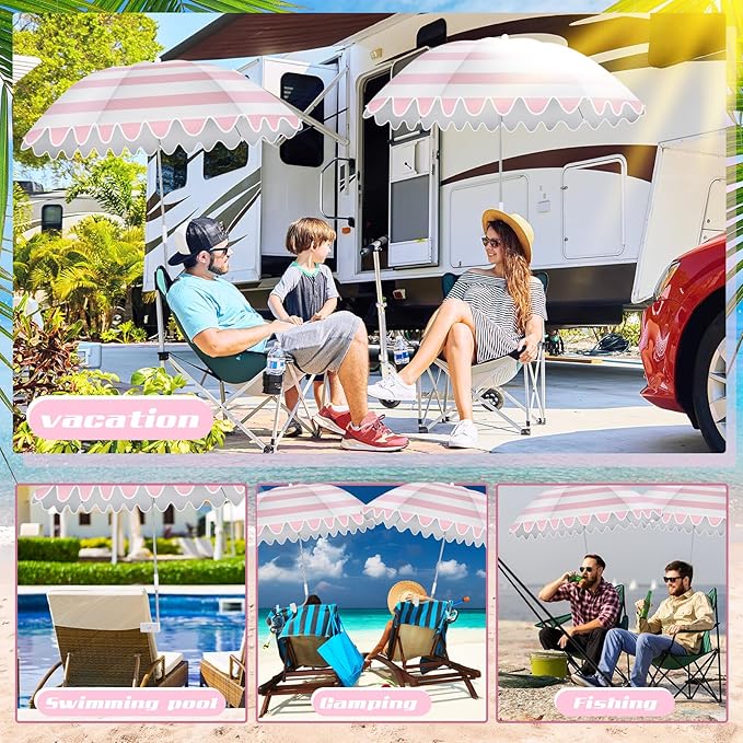 Abbylike 2 Pcs Scalloped Chair Umbrella with Universal Adjustable Clamp 38'' Portable Wheelchair Umbrella UPF 50+ Camping Chair Parasol with Bag for Outdoor Patio Lawn