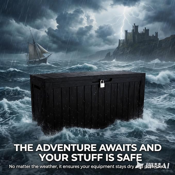 LAUSAINT HOME 180 Gallon XXL Outdoor Deck Box, Waterproof Resin Storage Box Bench with Lock, Large Patio Cushion Storage, Garden Tool Organizer, Pool Storage Container, 3-Person Seat, Black