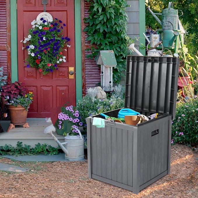 51 Gallon Medium Deck Box Outdoor Storage Box, Resin Garden Storage Chest with Overarching Waterproof Lid, Patio Bench Seat for Cushions & Tools, Gray