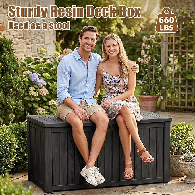 200 Gallon Outdoor Storage Box, Large Resin Deck Box, Waterproof Lockable Storage Container Bins Reinforced Stabilityfor Patio, Garden and Poolside, Black