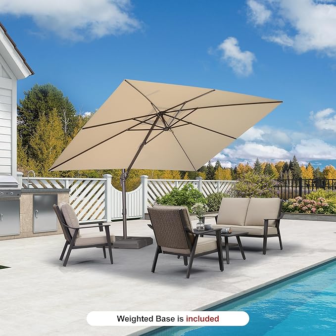 PURPLE LEAF 9' X 11.5' Rectangle Cantilever Umbrella with Base Patio Umbrella Outdoor Aluminum Antique Bronze Offset Hanging Umbrella with 360-degree Rotation for Pool Garden Backyard Deck, Beige