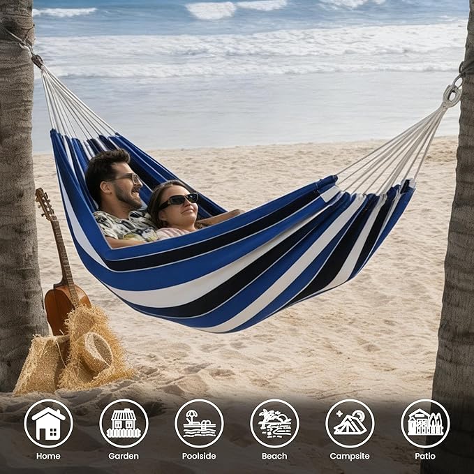 Lazy Daze Hammocks Extra Large Double Hammock, Portable Camping Hammock with Travel Bag & Tree Straps for Outdoor, Camping, Backyard, Patio, 550lbs Capacity, Blue