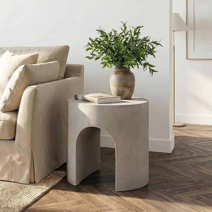 HOMPUS Outdoor Side Table, Concrete End Table w Arch Design, Round Patio MgO Coffee Lightweight Table, Modern Accent Stone Garden Stool for Indoor Outdoor Use, Gray