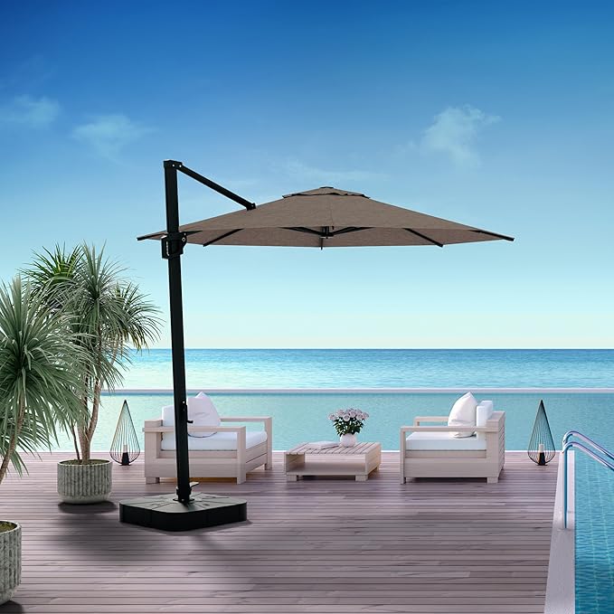 Midtown Umbrellas 10 Ft Outdoor Cantilever Patio Umbrella w/Sunbrella Cast Shale Fabric - 360° Rotate Offset Patio Umbrella, Deck Patio Umbrella, Backyard Umbrella & Garden Umbrella - Black Frame