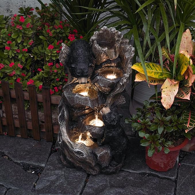YZM Solar Water Fountain Outdoor Garden 22.83''H 5 Tiers Bear Cascade Outdoor Fountain with Solar Panel Resin Garden Flowing Water Decor for Patio, Yard, Porch, Lawn