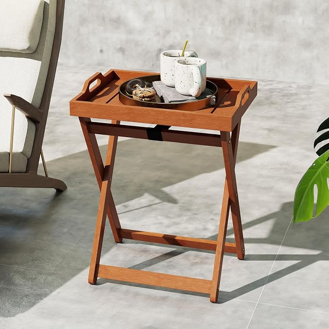 Tangkula Outdoor Wood Tray Table, Patio Portable Side End Table with Removable Serving Tray and Folding Frame, Outside Coffee Bistro Furniture for Porch, Balcony and Garden (2)