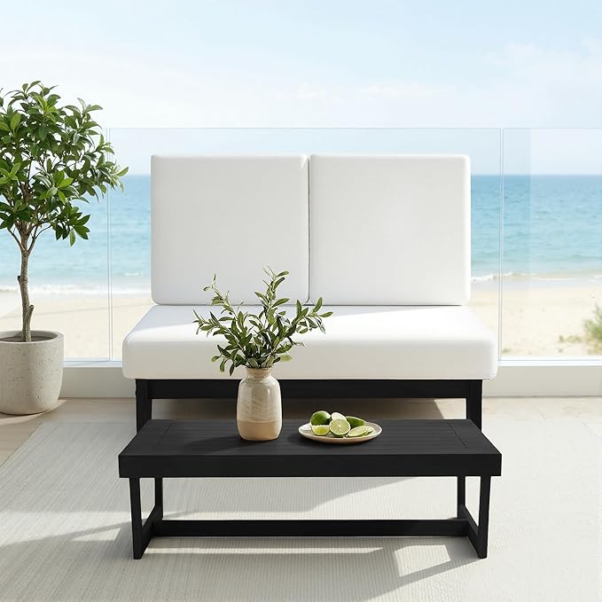 UIXE 2 Pieces All Weather Wood Patio Furniture Sets, Patio Loveseat Outdoor Sofa with Solid Wooden Coffee Table, Black Teak - Beige