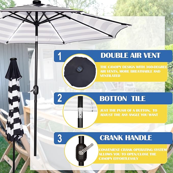 Sunnyglade 9FT Outdoor Solar LED Lighted Patio Umbrella with 8 LED Strip Lights & 8 Ribs, Convenient Crank Lift System