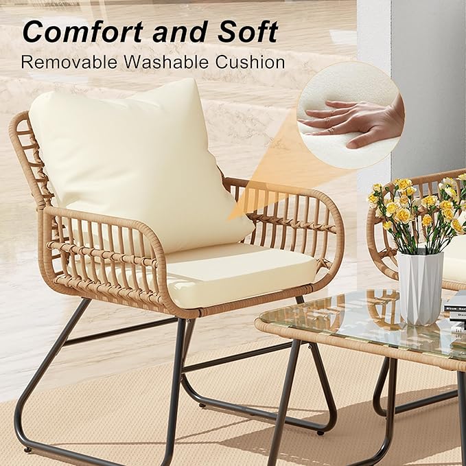 LEX CRAFT 4-Piece Outdoor Patio Furniture Set with Cushions & Tempered Glass Table, All-Weather Rattan Bistro Set with Loveseat Chairs Table Soft Cushions for Garden, Porch, Backyard (Yellow)