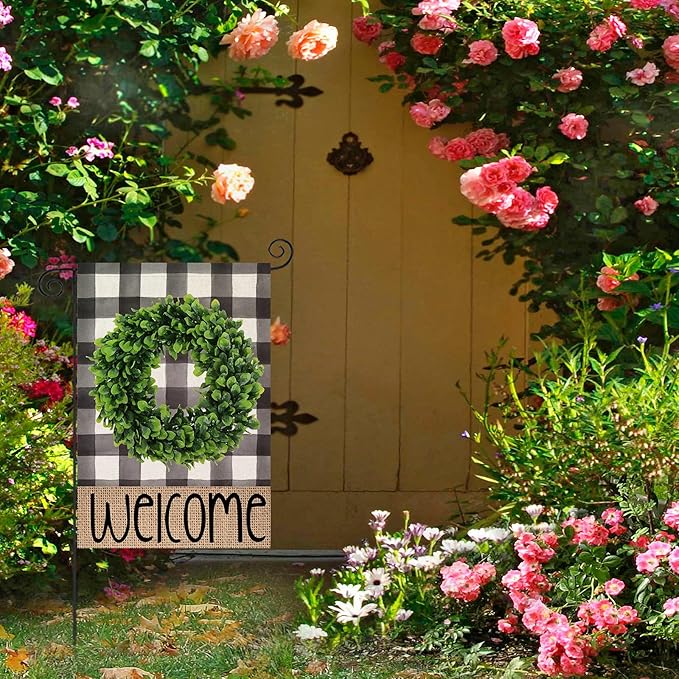 Welcome Summer Garden Flag for Outside,Buffalo Plaid Boxwood Wreath Small Yard Flag, Spring Seasonal Decors for Outdoor Farmhouse Holiday 12x18 Double Sided