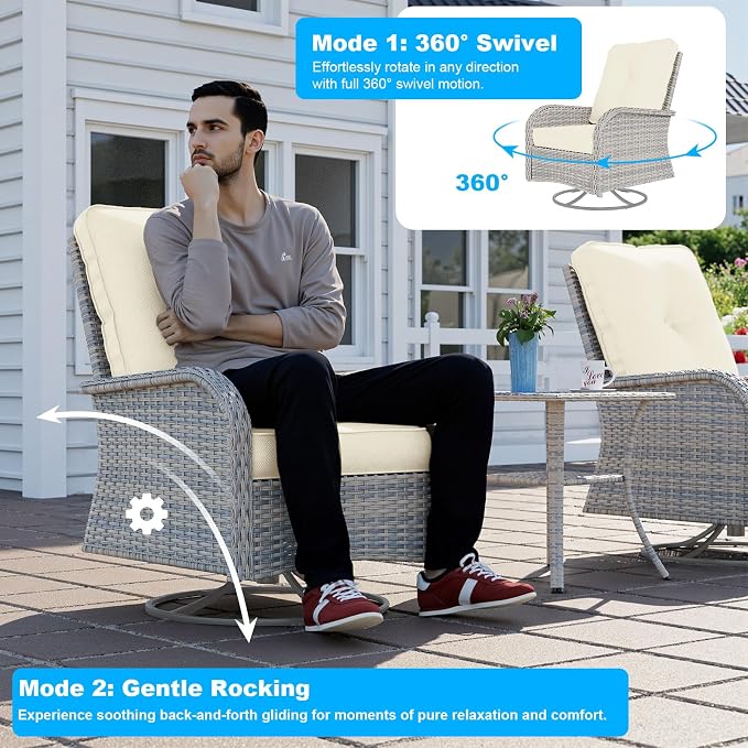 18-Piece Patio Furniture Set, Outdoor Patio Furniture with 55,000 BTU Fire Pit Table, Swivel Chairs Set, Thick Cushions, Modular Patio Sofa, Dual-Strand Wicker Rattan, Rust-Resistant Frame,Lvory