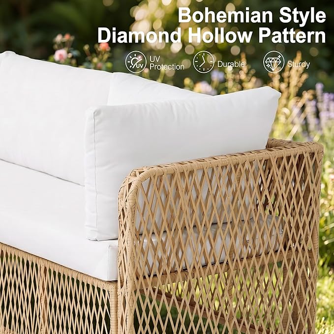 Outdoor Sectional 6-Seater Large Luxury Patio Furniture Set Modular L-Shaped Outdoor Furniture with Thick Cushion All Weather Wicker Boho Patio Conversation Sets for Deck, Backyard