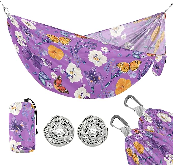 Camping Hammock Outdoor Hammocks for Outside White Flower Butterfly Purple Beach Trees Portable Lightweight with Pockets Tree Straps Indoor