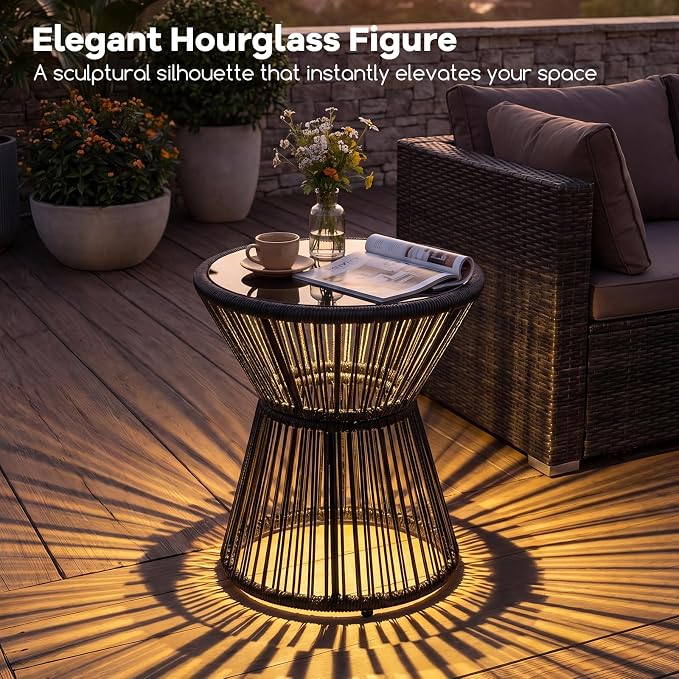 Tangkula Outdoor Side Table with LED Warm Light, PE Rattan Hourglass-Shaped End Table with Tempered Glass Top, Battery Operated Accent Coffee Table for Patio, Porch, Balcony & Living Room (2)