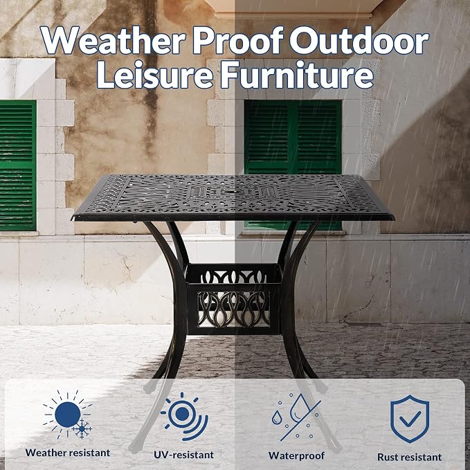 35.4 Inch Outdoor Dining Table Square Patio Table Bronze Cast Aluminum Rustic Large Table with Umbrella Hole