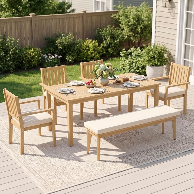 Wisteria Lane 6 Pieces Acacia Outdoor Patio Table and Chairs Set for 6, Patio Outdoor Dining Table Set with with Bench and Cushion, Modern Outdoor Patio Set for Deck Lawn Backyard Garden, Beige