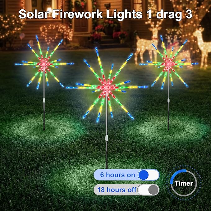 CCILAND Solar Firework Lights Outdoor, 3 Pack 336 LEDs Solar Starburst Garden Lights with Timer 8 Modes, Waterproof Decorative Lights for Yard Patio Walkway Pathway Party Wedding (Multicolor)