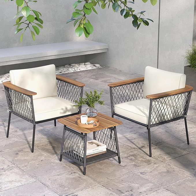 Tangkula 3 Piece Patio Furniture Set, Rattan Chair Set w/ 2-Tier Coffee Table, Acacia Wood Armrests & Tabletop, Soft Seat & Back Cushions, Outdoor Wicker Conversation Set (Off White+Grey)