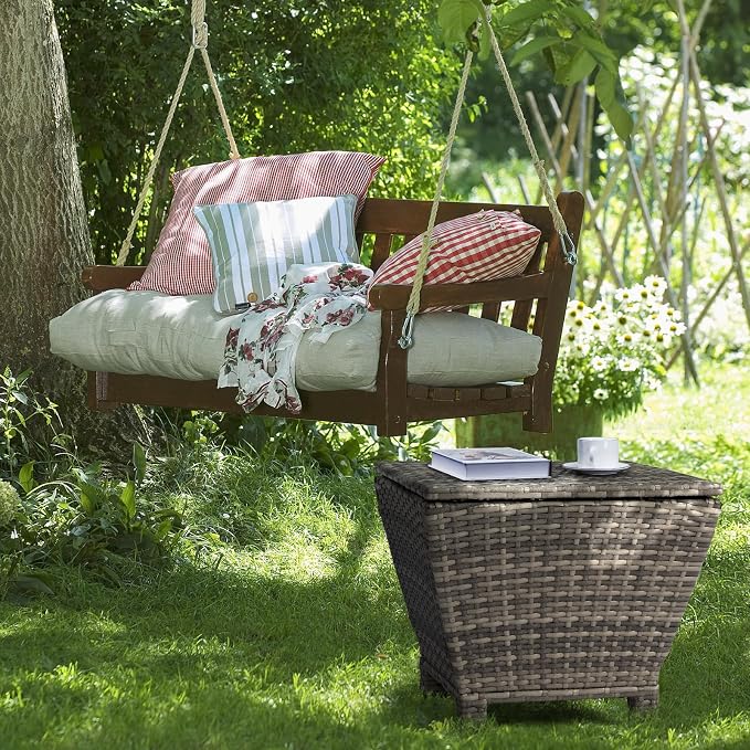 20in Outdoor PE Wicker Side Table,Trapezoidal Patio Rattan End Table,Outside Storage Bin Container,All-Weather Small Storage Box Tables,with Lid,for Garden Porch Poolside Deck Backyard (Grey)