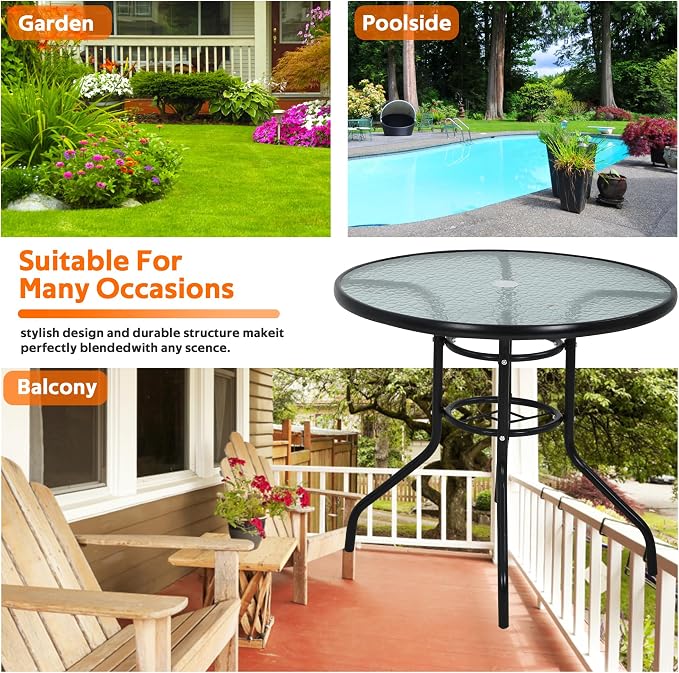 MKDLUFEI 32 Inch Round Outdoor Dining Table, Patio Table with Umbrella Hole, Tempered Glass Top, Black Steel Frame
