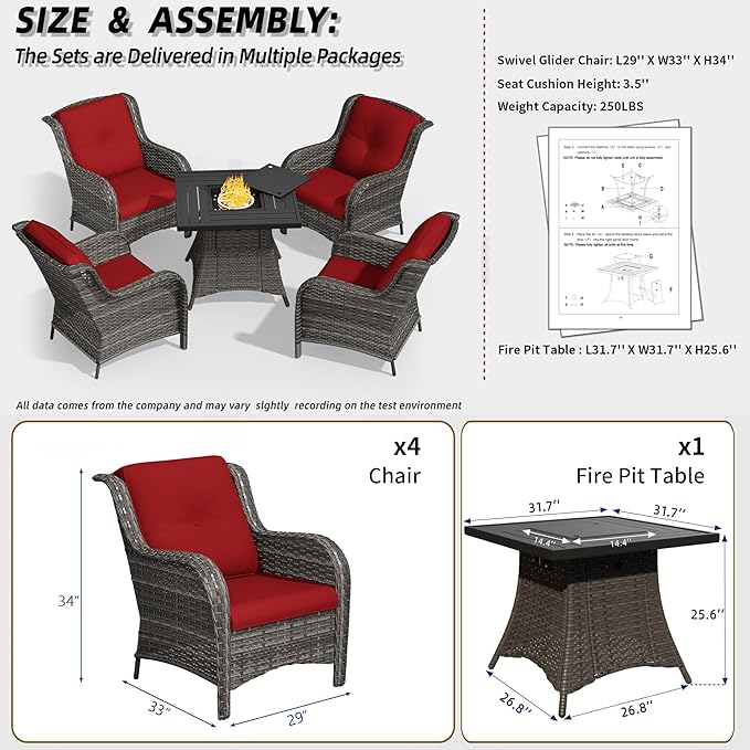 5 Pcs Patio Furniture Set with Fire Table-31'' Fire Pit Table, 4 Outdoor Rattan Wicker Conversation Chairs (4 Fixed Chairs) (Red)