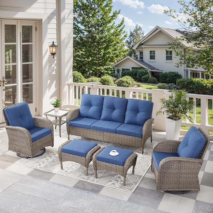 6 Pieces Outdoor Furniture-Patio Swivel Rocker Chairs Set of 2 3-Seater Wicker Couch with Outdoor Ottoman Outdoor Patio Furniture Set for Deck Porch Garden Balcony Poolside-Grey/Blue