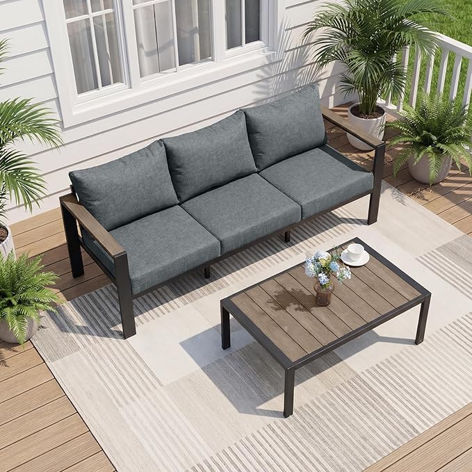 Outdoor Patio Furniture Set 3 Seats Sofa and Coffee Table with Washable Thick Cushions, All-Weather Luxury Aluminum Modern Outside Sectional Set for Porch, Balcony, Deck, Yard, Gray
