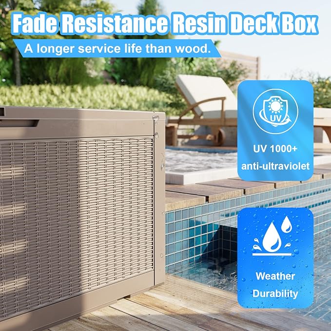 DRATO 320 Gallon Deck Box, Outdoor Large Waterproof Resin Storage Box with Lockable Lid for Patio Cushions, Gardening Tools (Gray, 320 Gallon)